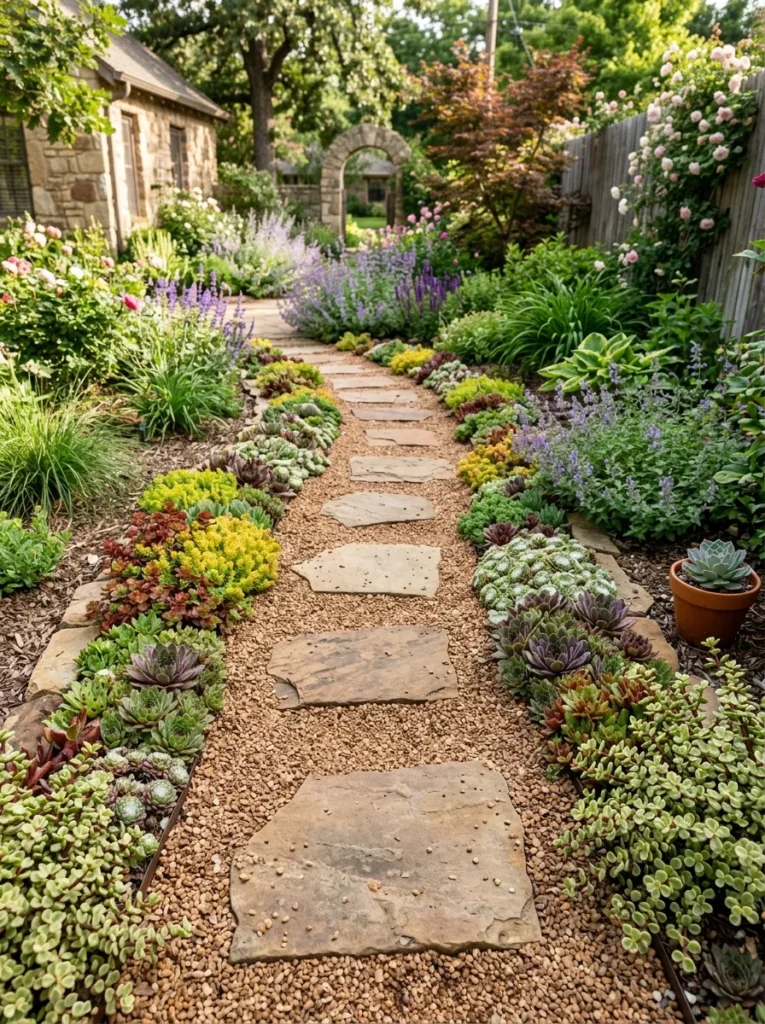  Succulent rock border along garden pathway with sedums and sempervivums