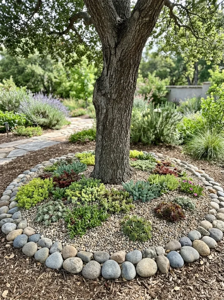 Succulent rock garden ring around tree with river stones and groundcover succulents  