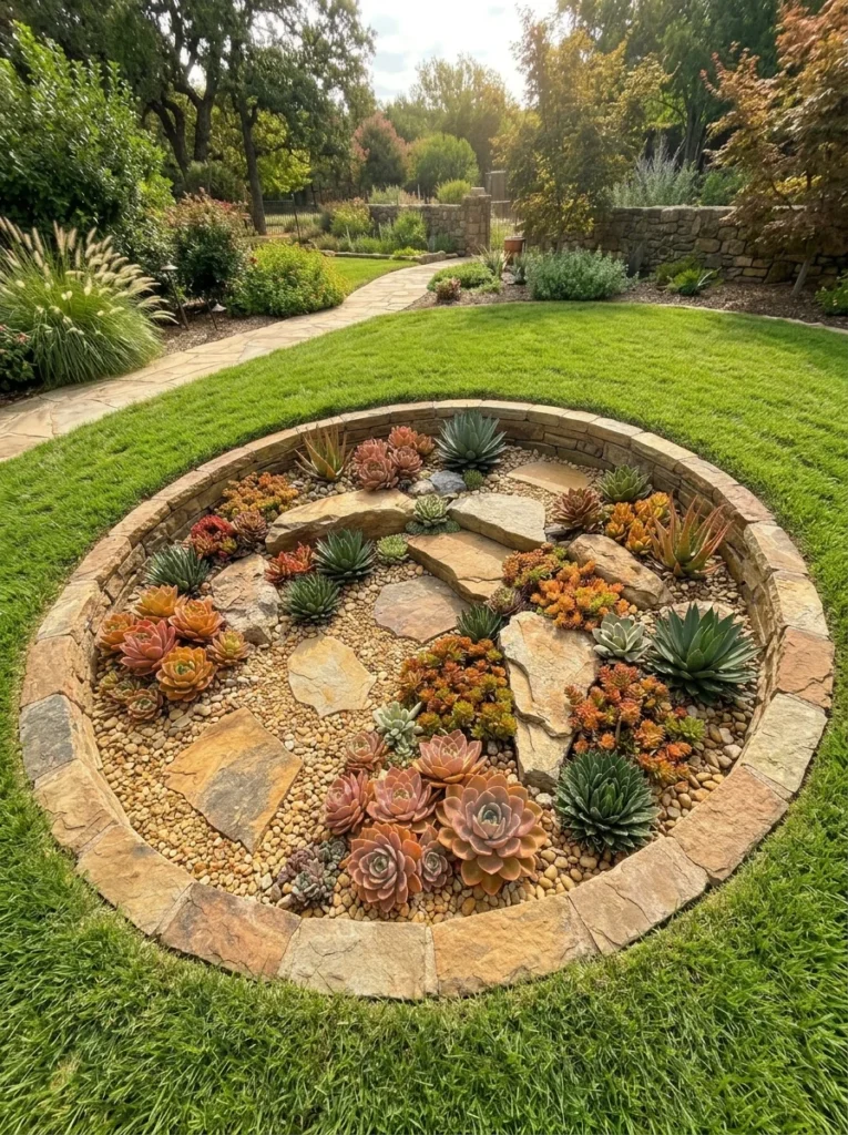 Sunken bowl succulent rock garden with boulders and warm-toned succulents 