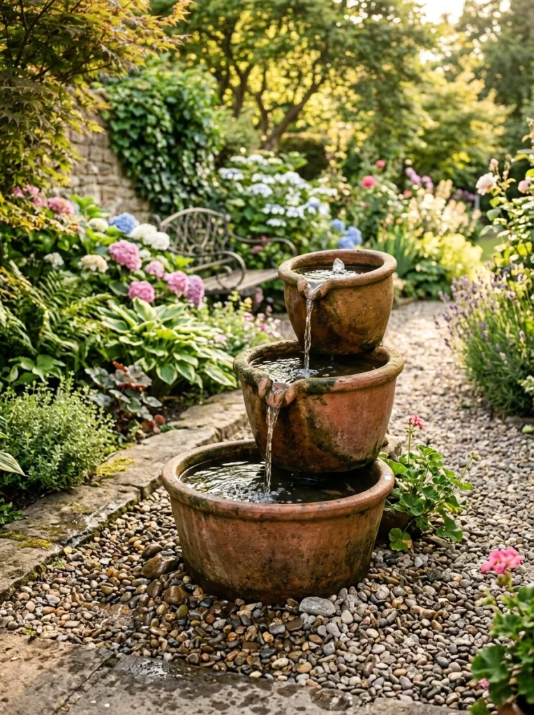 Stacked terracotta pot DIY water fountain in a backyard garden