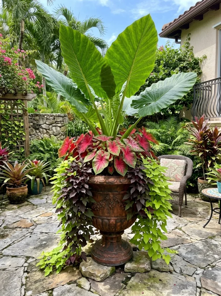 tropical full sun planter ideas with elephant ear.