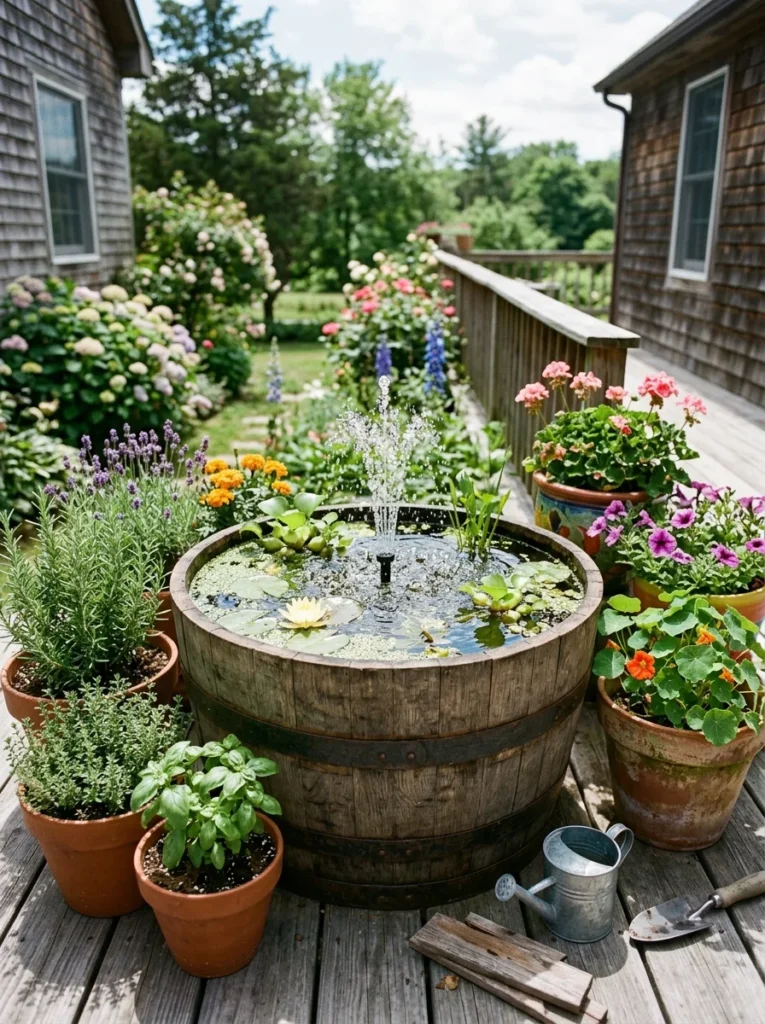 Whiskey barrel pondless water feature DIY for patio