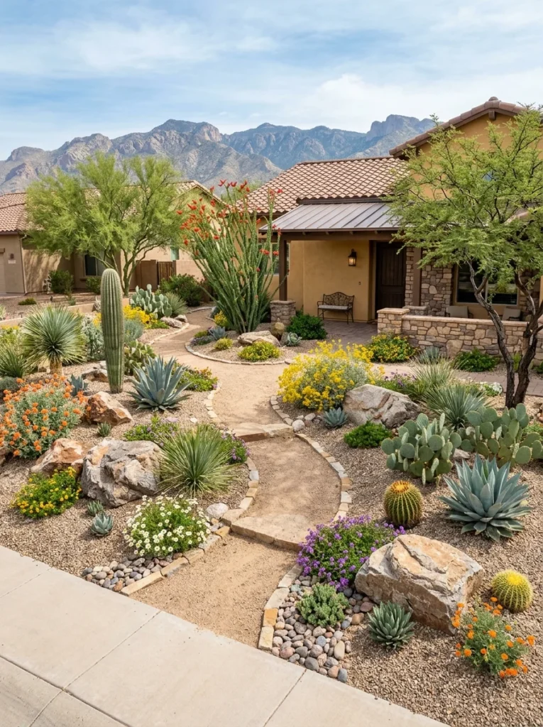 Xeriscape succulent rock garden with boulders, native succulents and gravel paths  