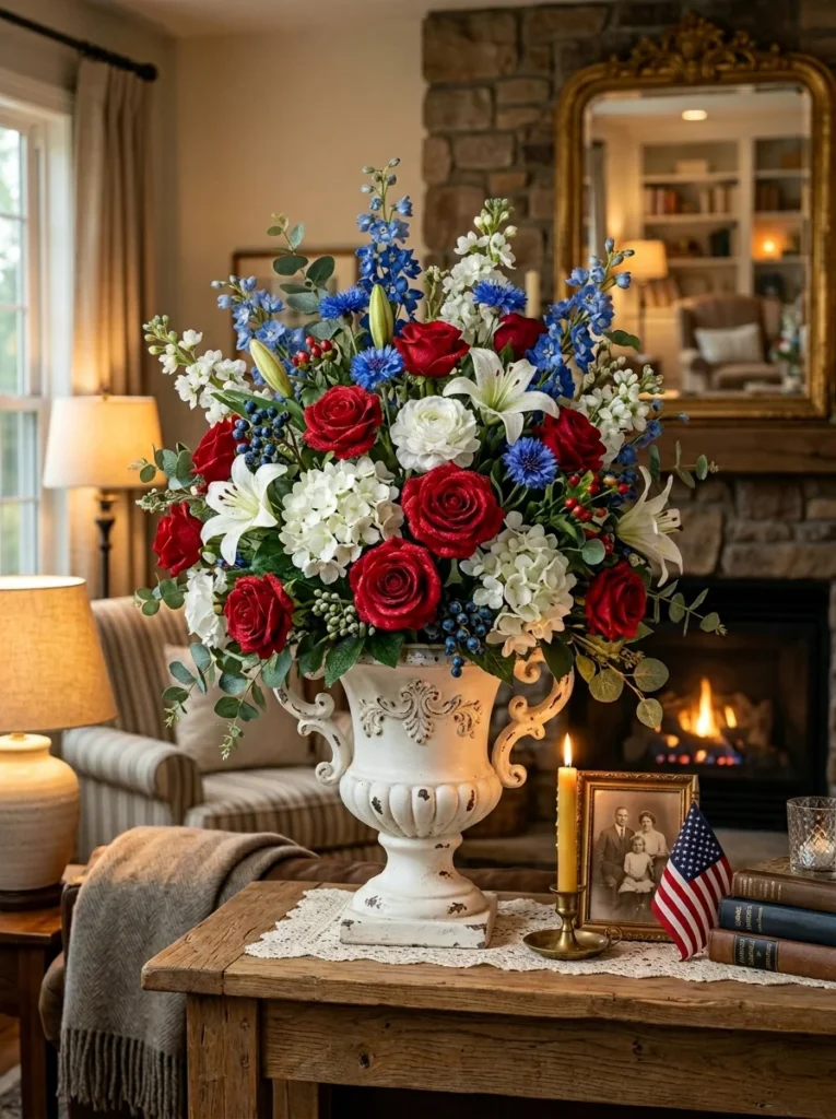 High-quality silk flower arrangement in red white and blue for home decor.