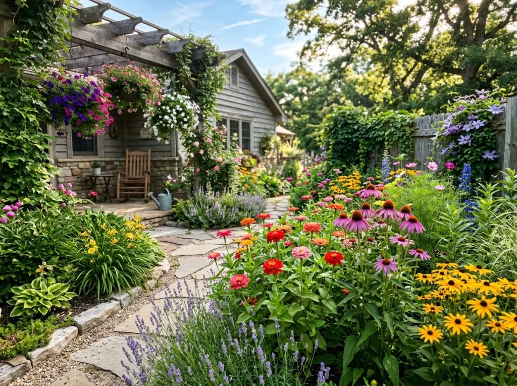best summer flowers garden in full bloom with zinnias and coneflowers