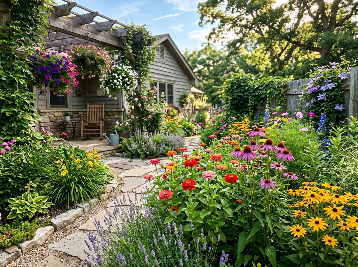 best summer flowers garden in full bloom with zinnias and coneflowers