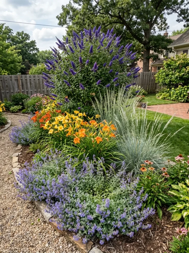 Tall butterfly bush planted at the back of a layered garden bed with daylilies and ornamental grasses in front