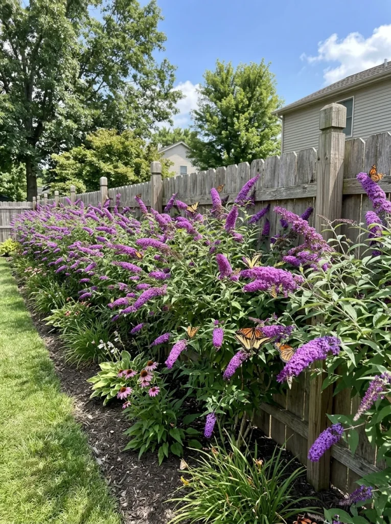 Row of purple butterfly bushes planted along a wooden backyard fence creating a flowering border in summer
