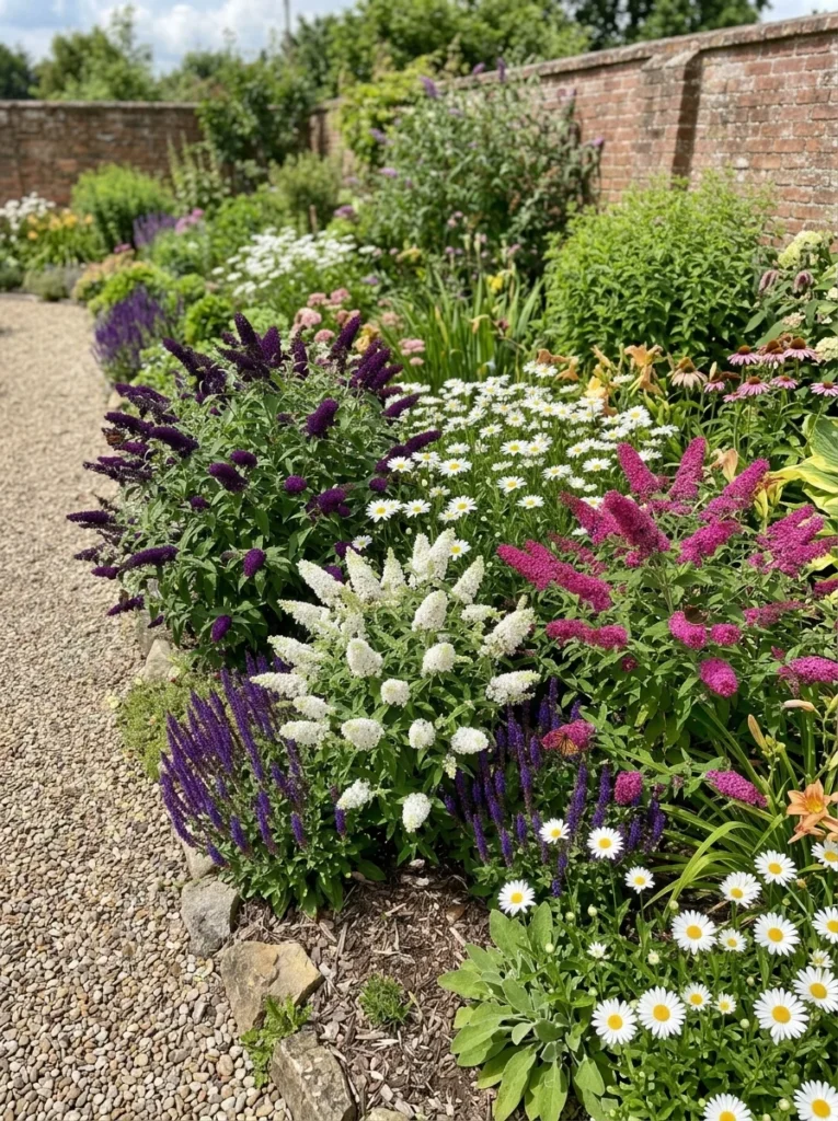 Multi-color butterfly bush garden border with purple, white, and pink varieties planted together in a designer landscape