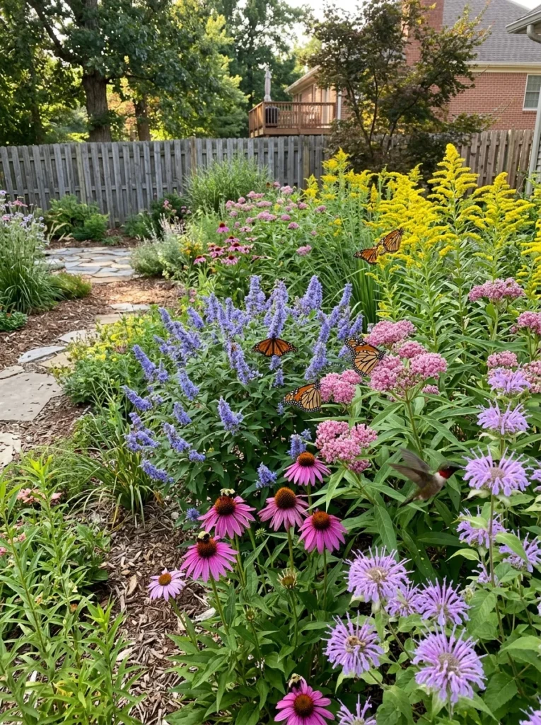 Butterfly bush combined with native plants including milkweed and coneflowers in an ecological wildlife garden
