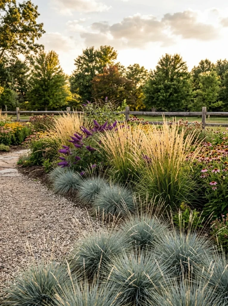 Purple butterfly bush combined with Karl Foerster ornamental grasses in a mixed border for late-season garden interest
