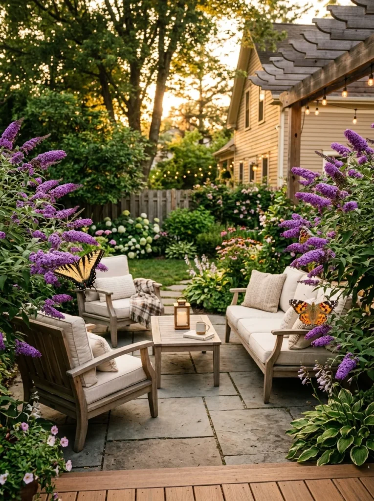 Butterfly bush planted on either side of an outdoor patio with butterflies visiting the blooms at golden hour

