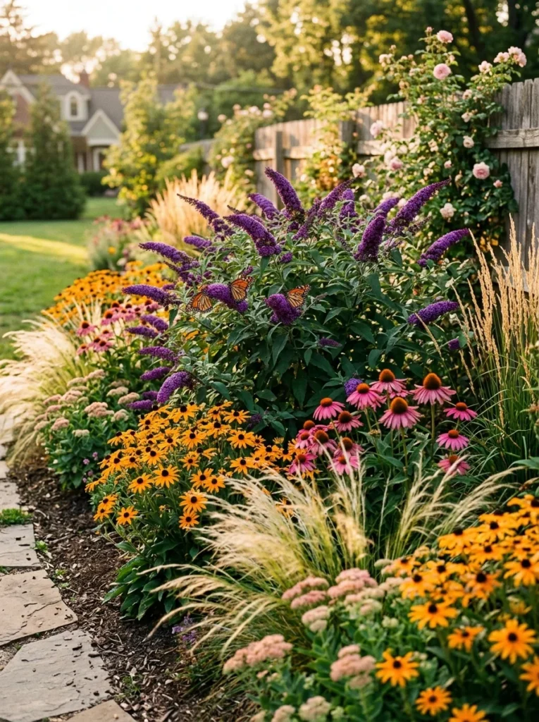 Purple butterfly bush planted as a statement shrub in a layered perennial garden border with coneflowers and black-eyed Susans