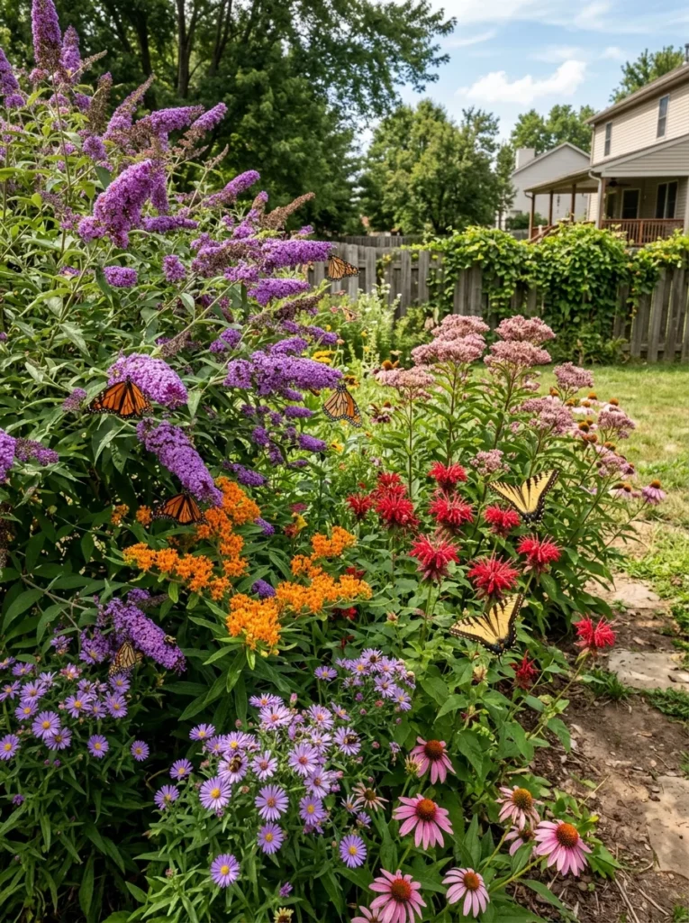 Dedicated pollinator garden with butterfly bush, milkweed, and bee balm attracting monarch butterflies and bees
