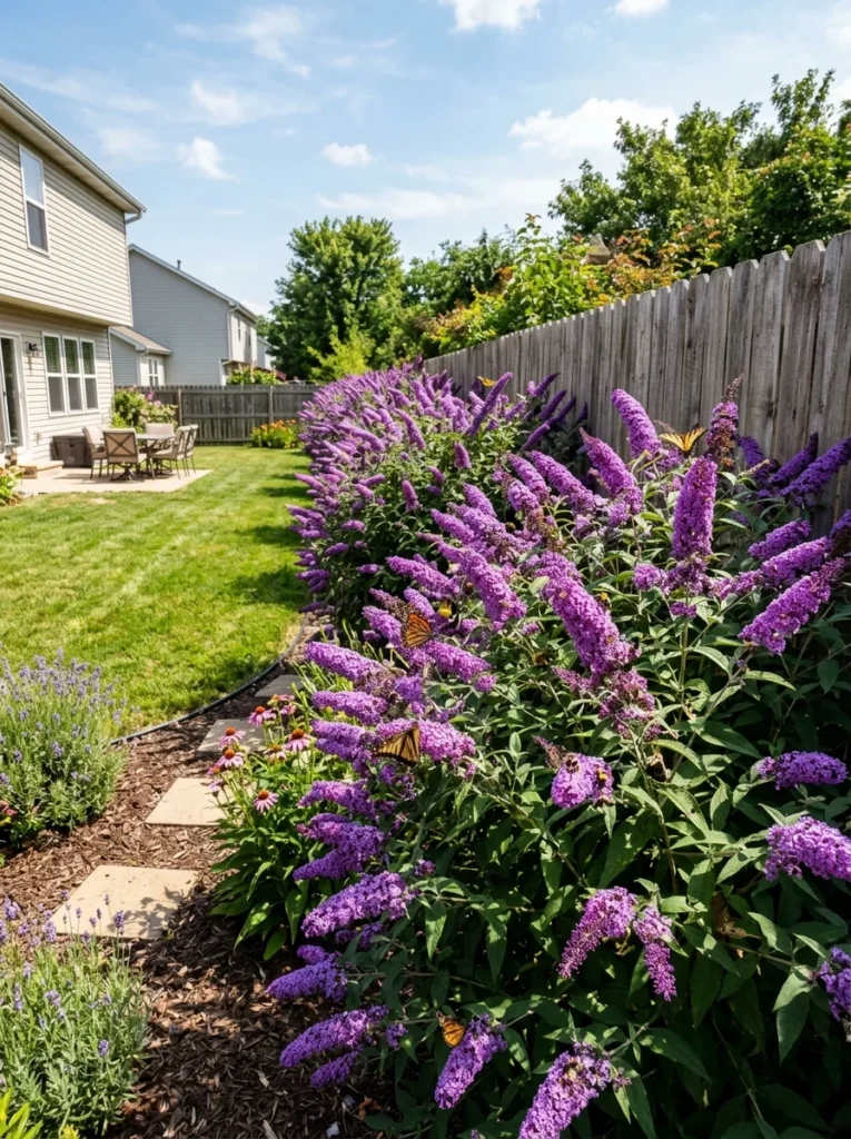 Row of tall butterfly bushes planted as an informal flowering privacy hedge along a garden fence line