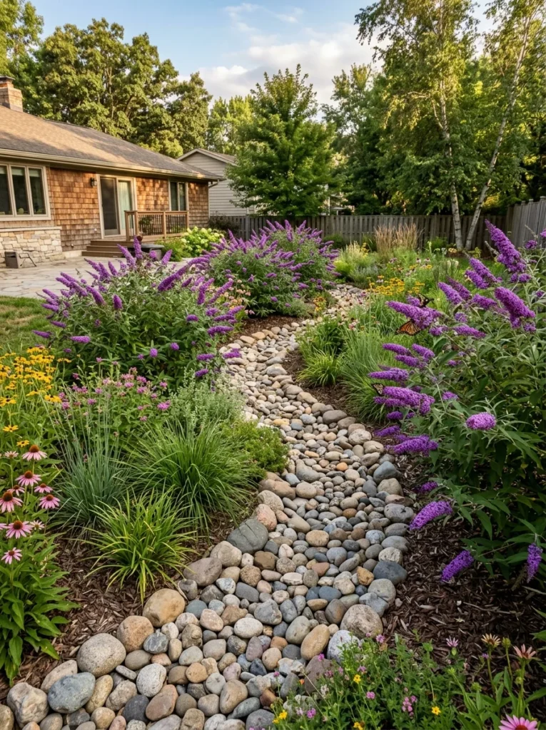 Butterfly bush planted along the border of a rain garden with a dry creek bed and native grasses in a US landscape
