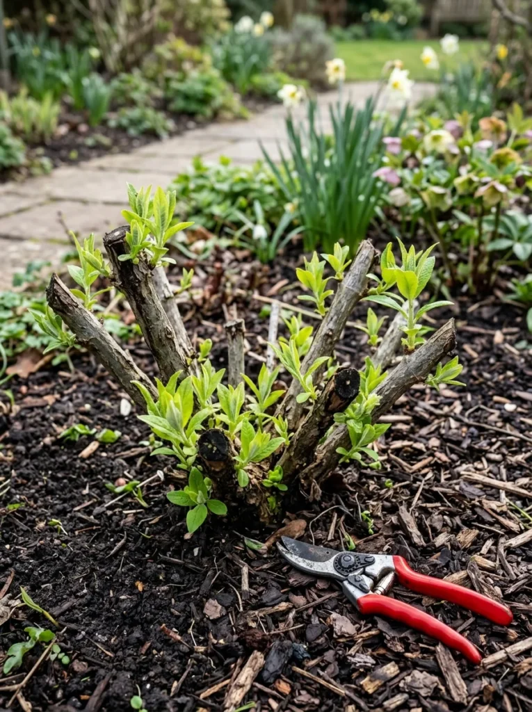 Butterfly bush hard-pruned to 12 inches in early spring with fresh new green growth shoots emerging from the base
