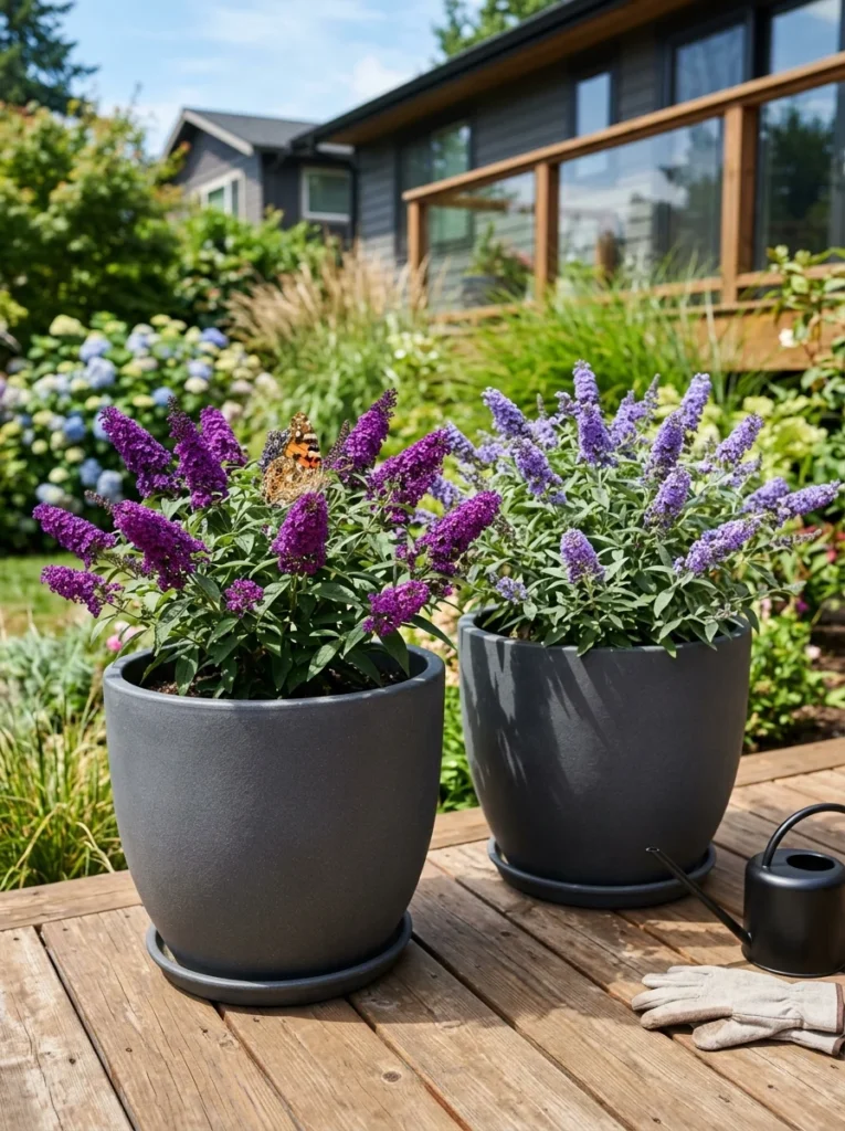Dwarf butterfly bush growing in large containers on a sunny deck with purple and lavender-blue flower spikes
