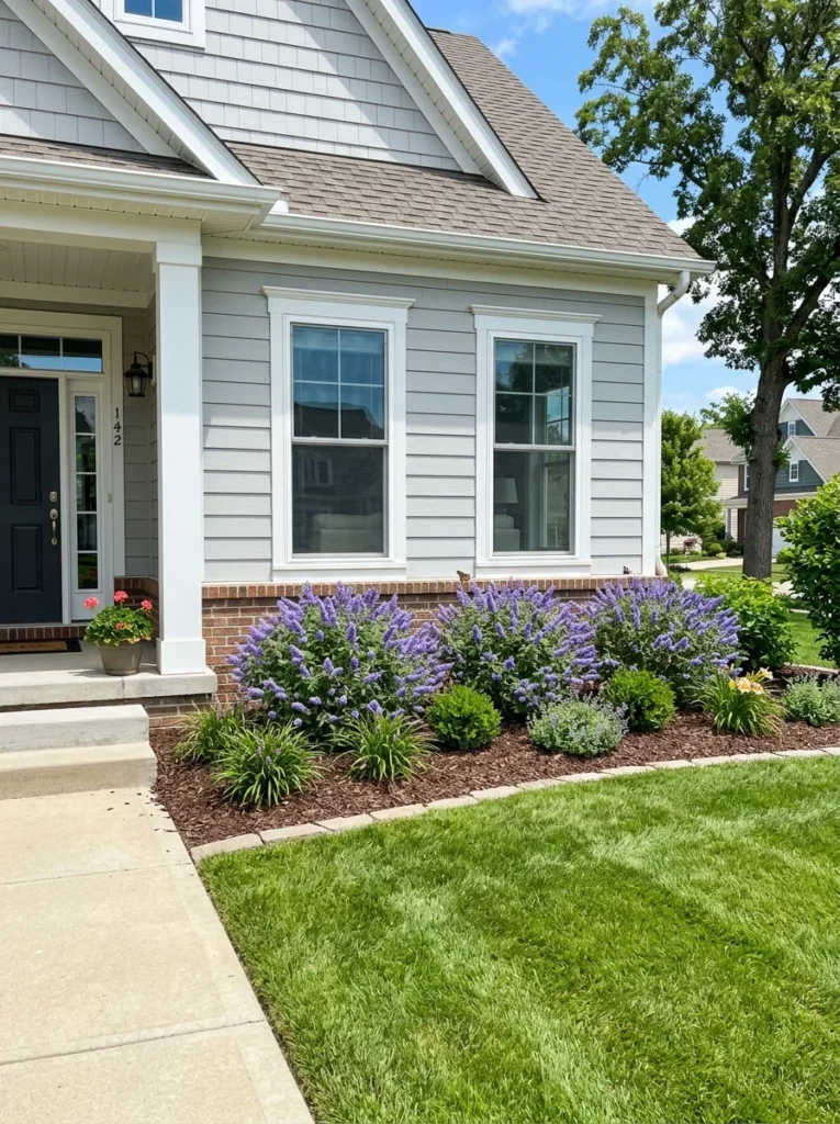 Dwarf butterfly bush used as foundation planting in front of a suburban home with compact lavender-blue blooms
