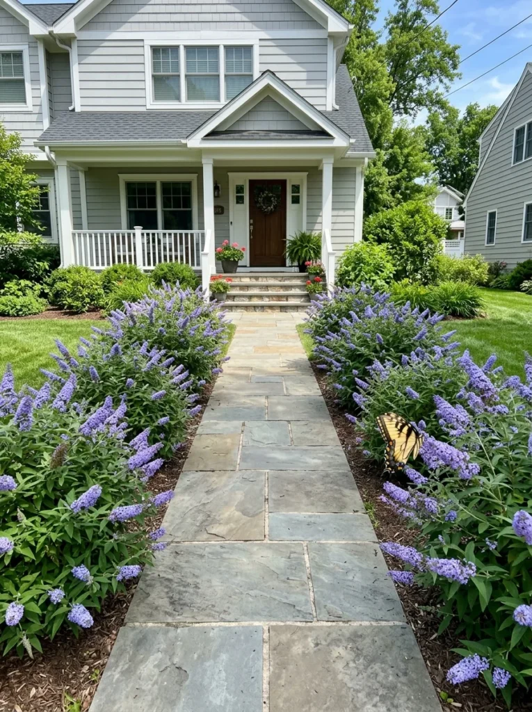 Dwarf butterfly bush varieties planted along a garden walkway creating a low fragrant border with lavender-blue blooms