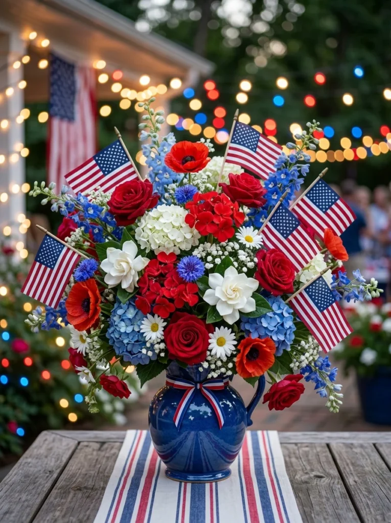 Festive Independence Day flower bouquet with multiple American flags.