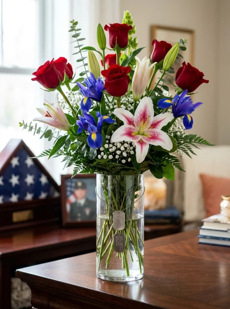 Formal red rose and white lily arrangement for military homecoming or Veterans Day.