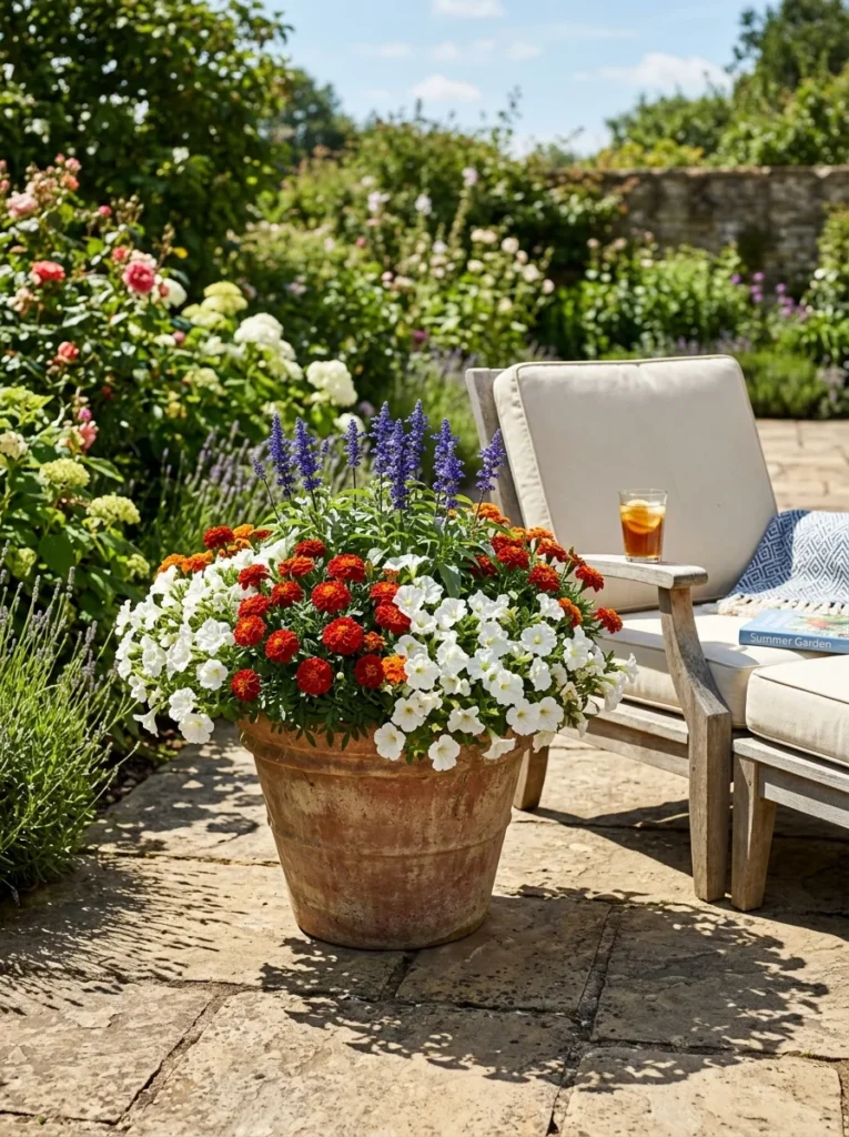 Stable outdoor patriotic flower pot with heat-tolerant marigolds and salvia.