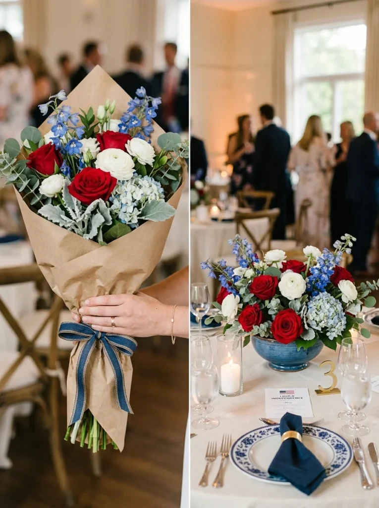A matching patriotic hand-tied bouquet and a table centerpiece side by side.