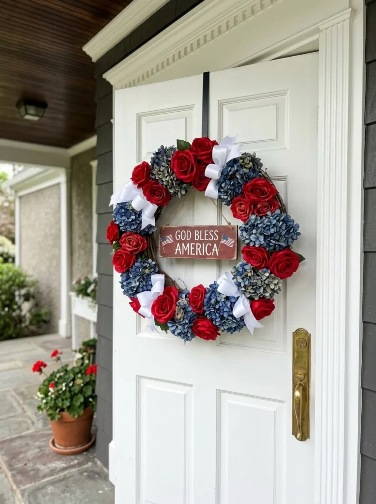 Red white and blue floral wreath hanging on a white front door.