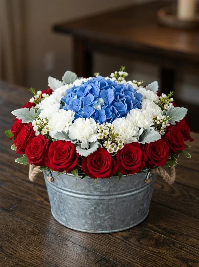 A round patriotic flower arrangement in a galvanized bucket with roses and blue hydrangeas.