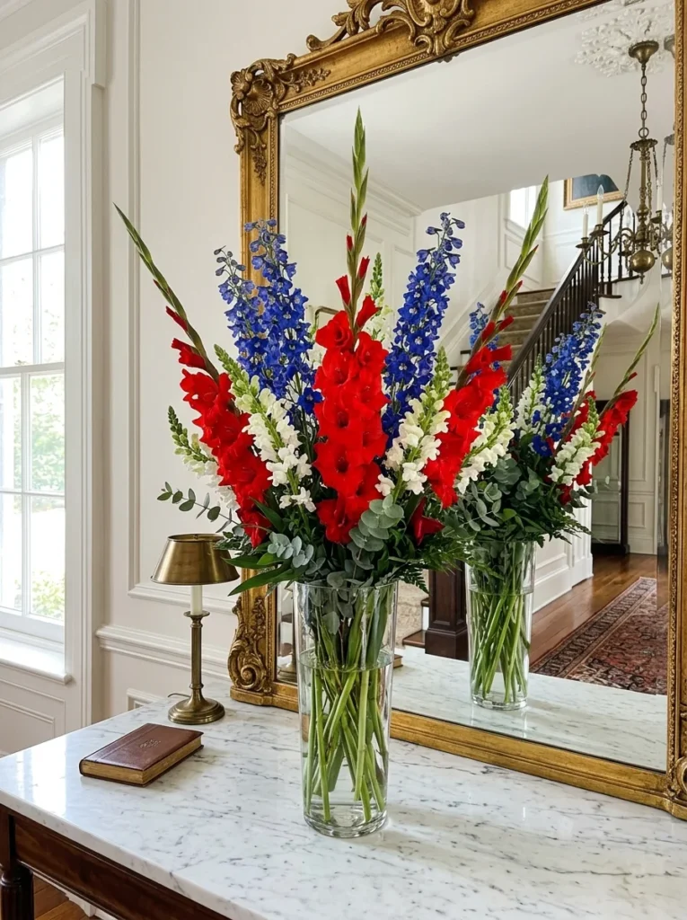 Tall red white and blue floral arrangement in a foyer for dramatic impact.