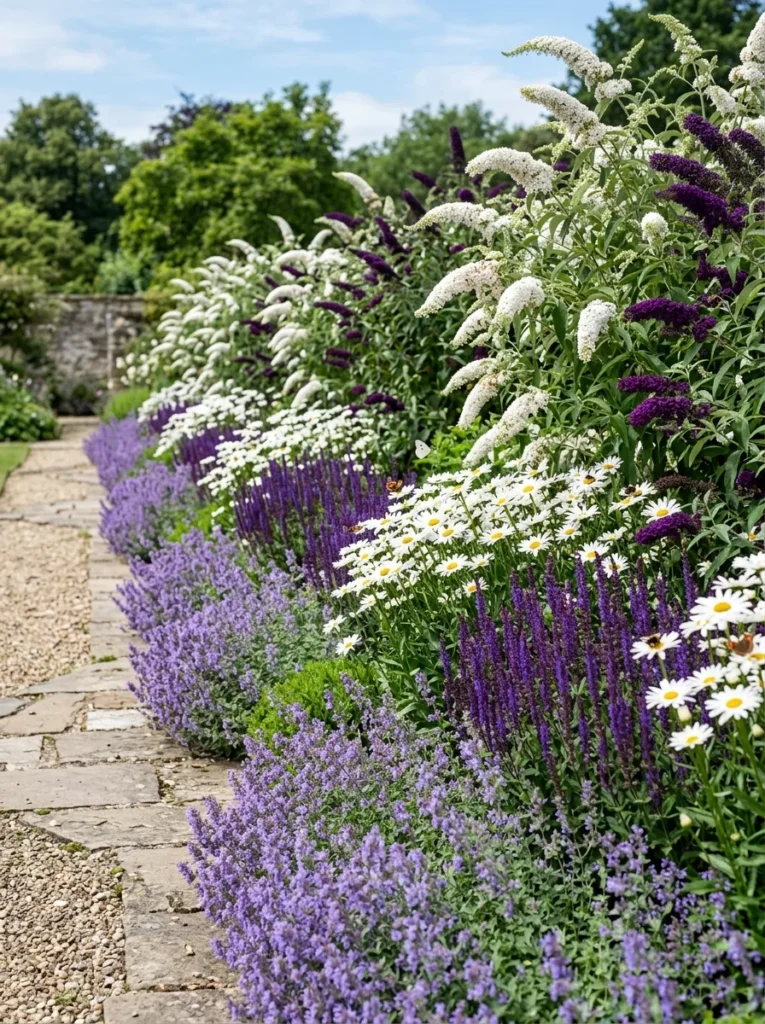 White and purple butterfly bush garden border with Shasta daisies and salvia in an elegant monochromatic landscape design
