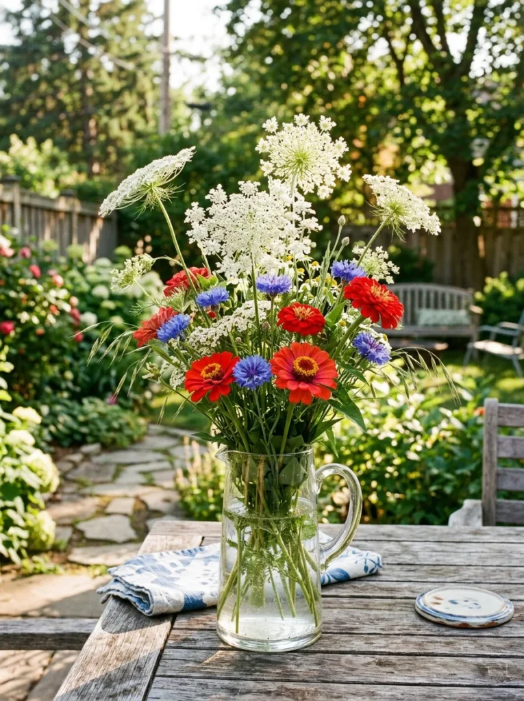 Casual wildflower bouquet with red zinnias and white Queen Anne's lace in a glass pitcher.