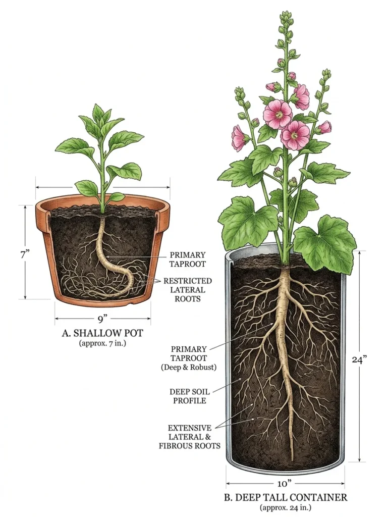 Deep container pot versus shallow pot for growing hollyhocks, showing root depth comparison