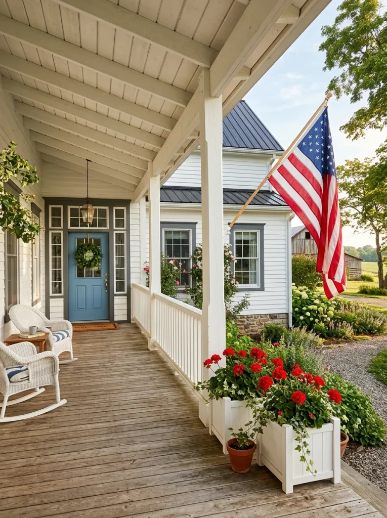 American flag on white farmhouse front porch with red geraniums