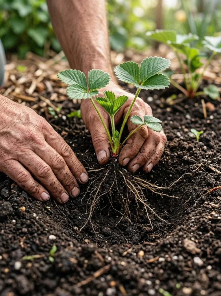 Strawberry crown planting depth in garden soil