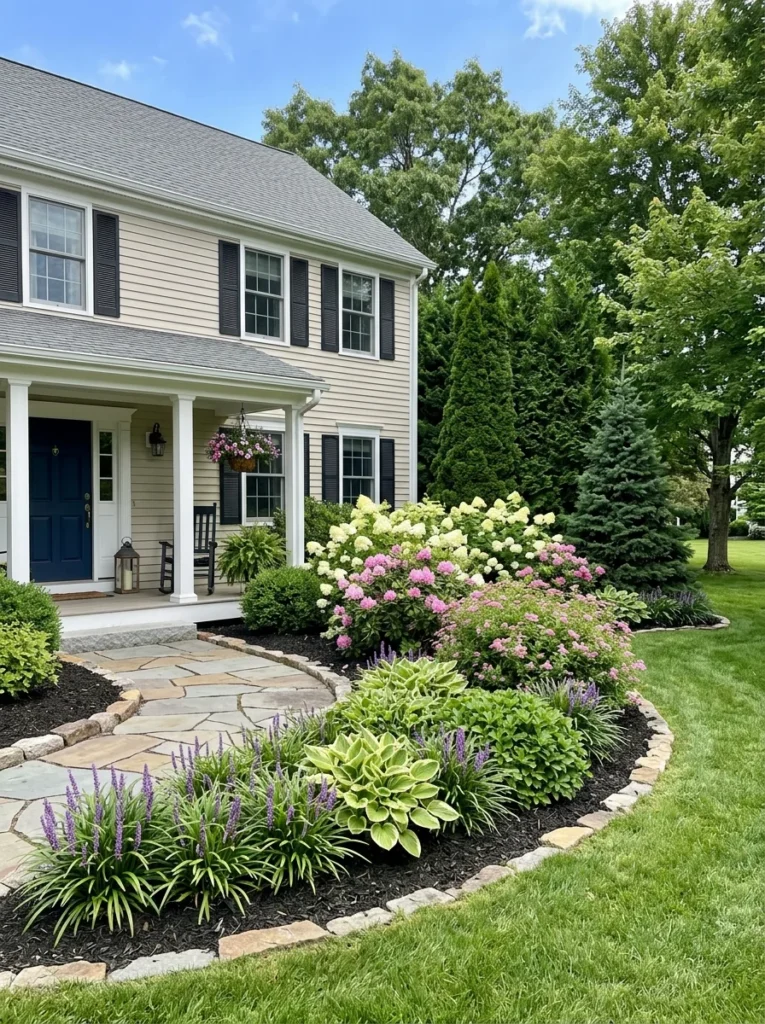 layered foundation planting ideas front of house. 