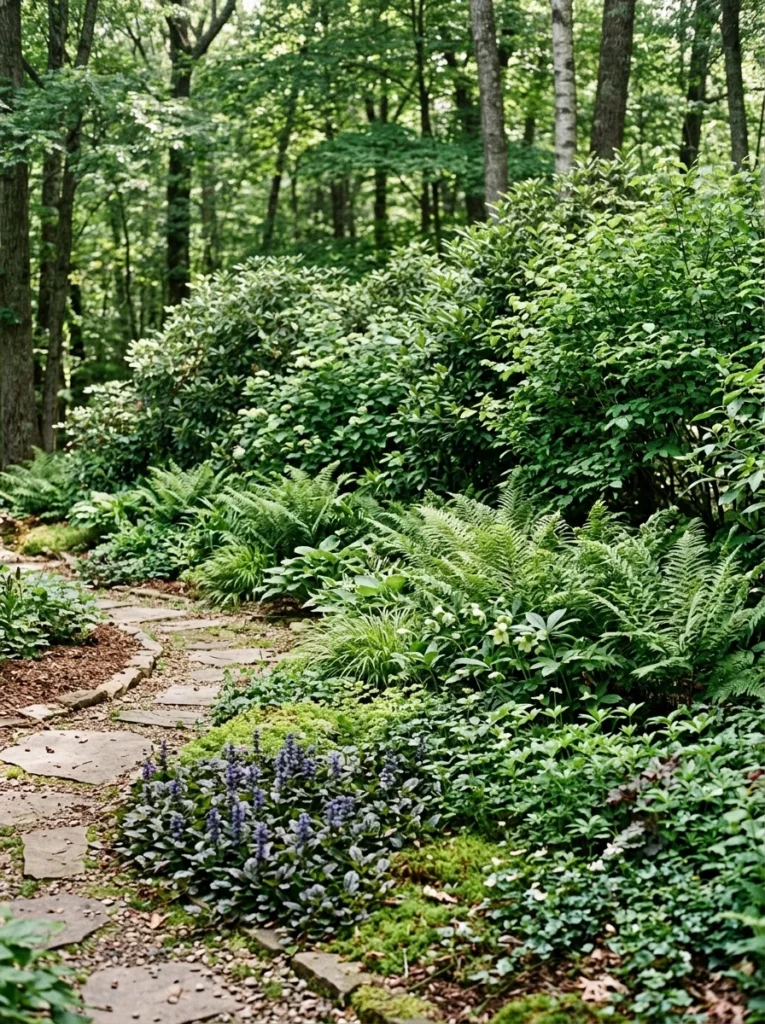 layered shade garden design with woodland plants.