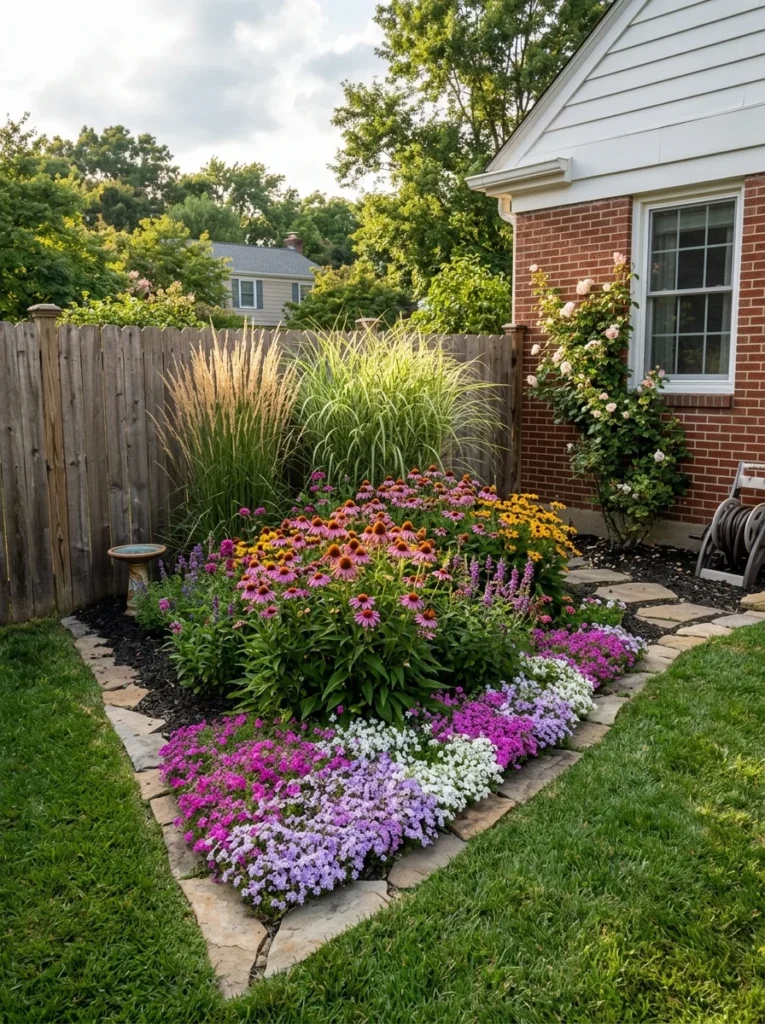 Corner flower bed ideas with layered perennials in a US backyard