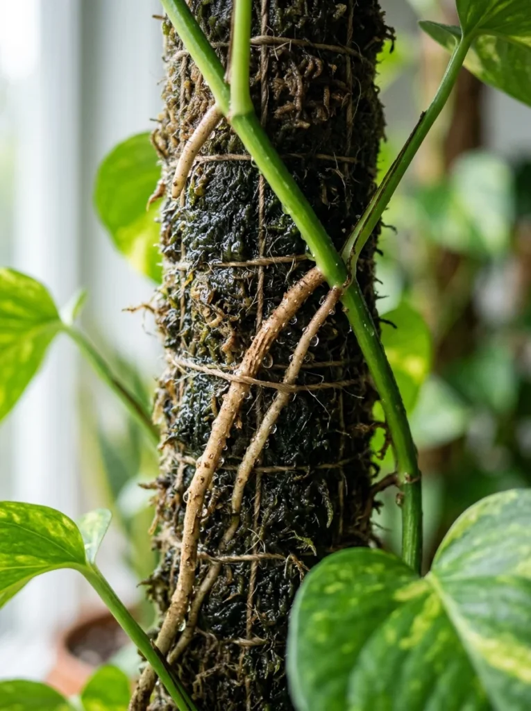 pothos aerial roots on a moss pole