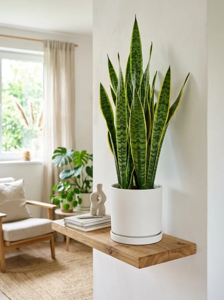 Snake plant in a white pot — one of the best indoor plants for beginners  