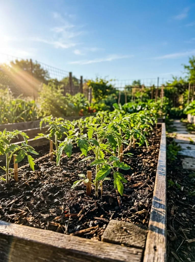 15 Tomato Plants Growing Tips: Tomato plants growing in full sun in a garden bed