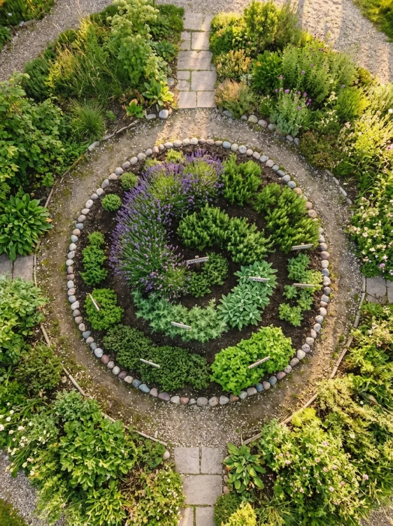 witchy herb garden with lavender sage mugwort and rosemary plants in spiral layout