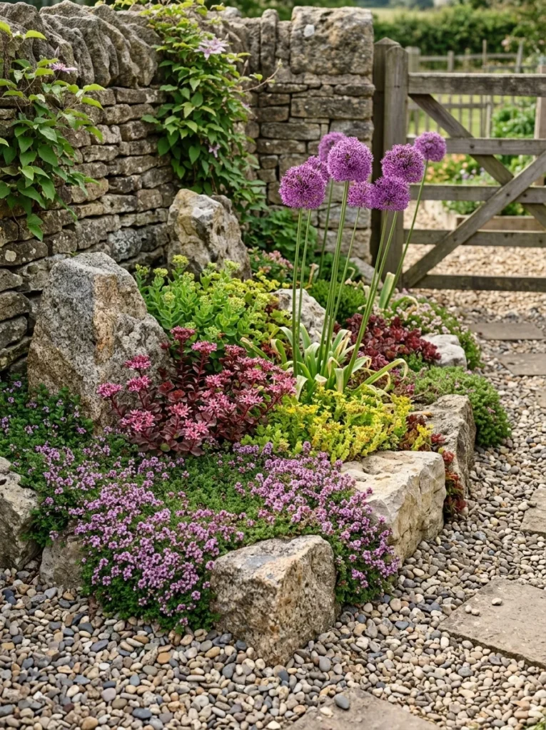 Corner rock garden with boulders, sedum, and creeping thyme