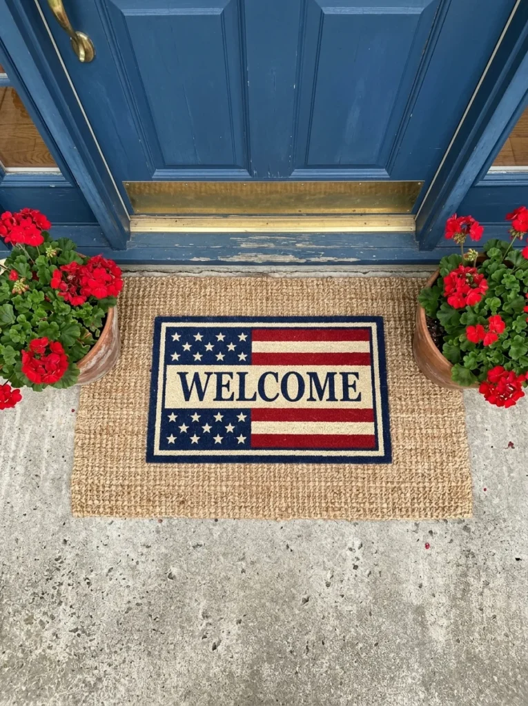 Layered doormat with patriotic welcome mat on front porch