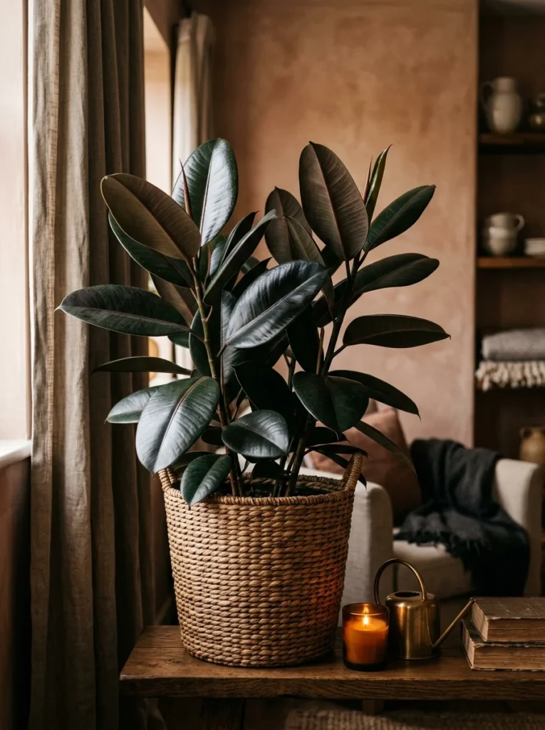 Rubber plant with burgundy leaves in a woven basket — statement beginner houseplant 