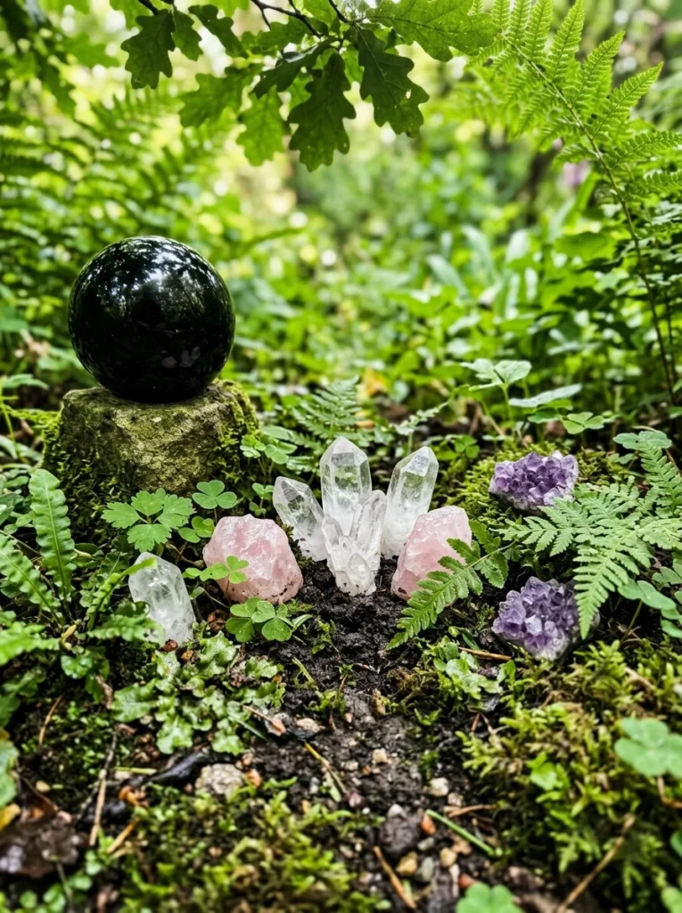 crystal garden accent with quartz obsidian and amethyst nestled in witchy garden border