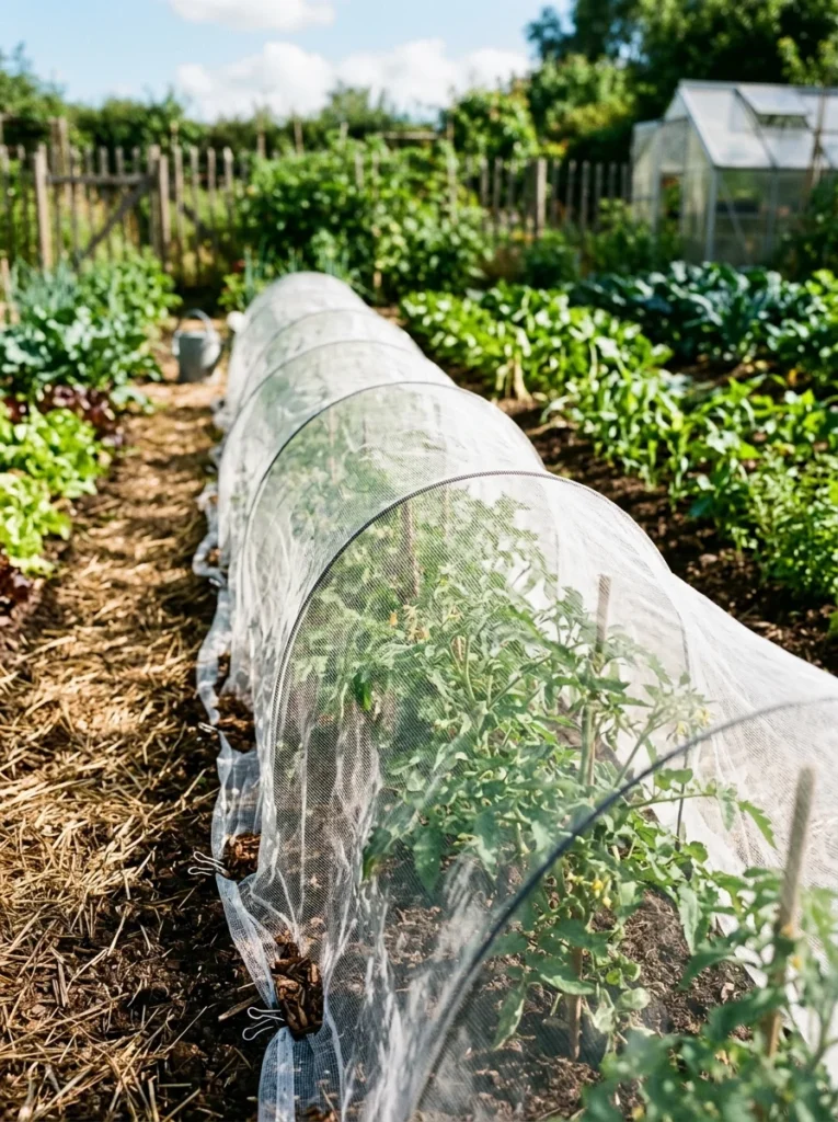 Insect netting protecting young tomato plants from pests