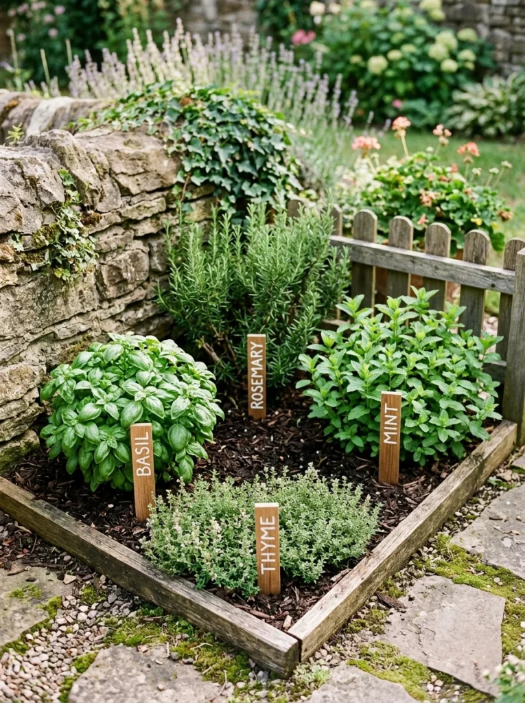 Corner herb garden with rosemary, basil, thyme, and mint