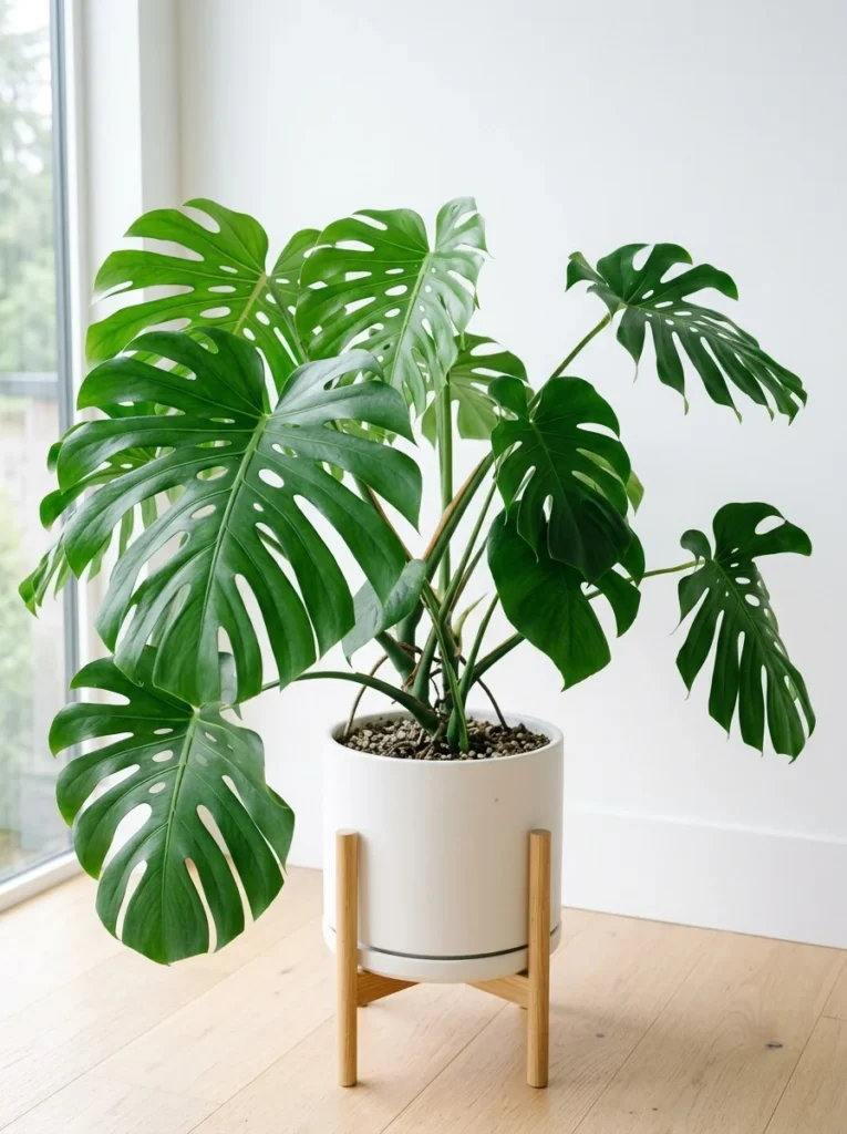 Monstera deliciosa with iconic split leaves — popular beginner indoor plant 